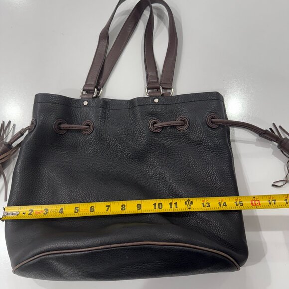 Cole Haan Black Brown Pebbled Leather Tassel Drawstring Bucket Bag Purse - Picture 6 of 12